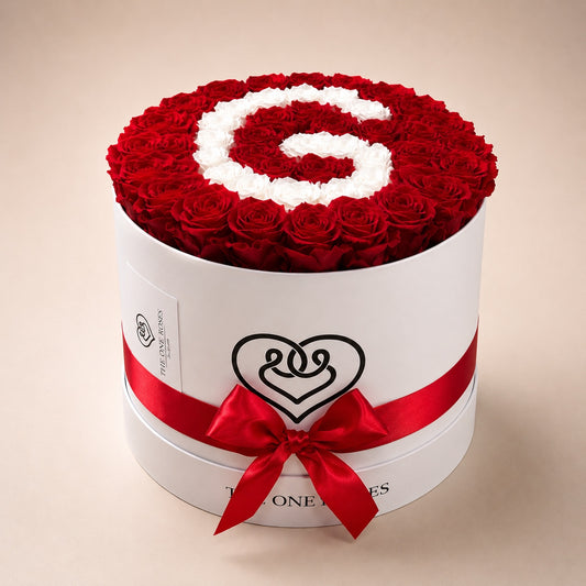 Customized Letter | White Classic Box with Red/White Roses